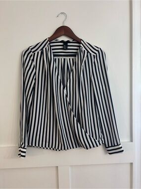 H&M Black & White Vertical Stripe Wrap Blouse